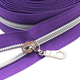YaHoGa #5 Silver Metallic Nylon Coil Zippers by The Yard Bulk Purple Tape 10 Yards with 25pcs Pulls for DIY Sewing Tailor Craft Bag (Purple)