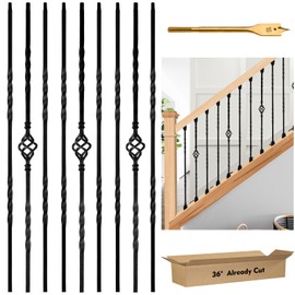 Gyykzz 9 Pack Iron Stair Balusters, 36" Balusters for Staircase Interior, Stair Spindles Hollow Single Basket with Knuckles Double Twist 1/2" Square Metal Stair Wrought Iron Balusters (Pre-Cutting)