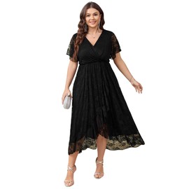 SCOMCHIC Womens Plus Size Wedding Guest Dress Formal Lace Faux Wrap V Neck High Low Short Sleeve Cocktail Maxi Dresses XL-4XL Black