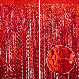 2Pcs Red Wave Fringe Curtain HADEEONG 3.28ft x 6.56ft Tinsel Backdrop Foil Fringe Curtain Metallic Tinsel Curtain Party Streamers for Disco Birthday Bridal Shower Baby Shower Party Decorations