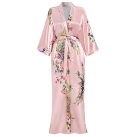 Women's Satin Kimono Robes Peacock and Floral Printed Long Bathrobe Bridesmaid Wedding Party Dressing Gown, Pink Champagne M