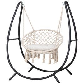 ANOW Macrame Hammock Chair with Stand for Outside, Heavy Duty Hanging Chair Stand with Swing Chair, Includes Seat Cushion, Max 400 Lbs, Natural