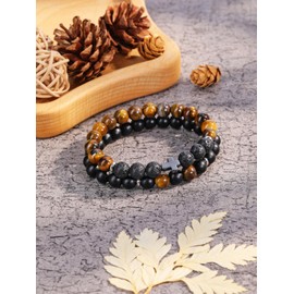 JSDDE Tiger Eye Bracelet Set - Men's Natural Stone Beads Bracelet - Stretch Lava Rock & Black Agate Crystal Bracelets - Gifts for Men, Husband, Grandad