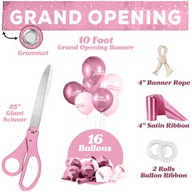 Upper Midland Products Deluxe Grand Opening Ribbon Cutting Ceremony Kit - 25" Giant Scissors, Pink Satin Ribbon, Banner, Bows, Balloons & More