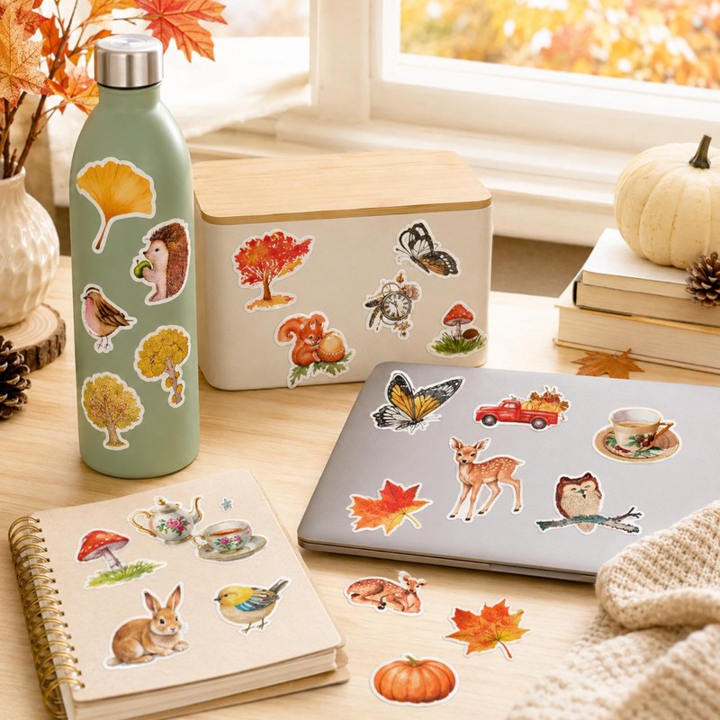 50Pcs Autumn Theme Scrapbook Sticker,Autumn Leaves Animals Maple Leaf Theme