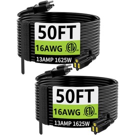 HUANCHAIN Indoor Outdoor Black Extension Cord, 50 ft 16/3 Gauge 2 Pack, Flame Retardant, Flexible 3 Prong Heavy Duty Electric Cord, 13A 1625W 16AWG SJTW, Outdoor Waterproof Cord, ETL