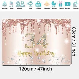 34th Birthday Decoration Women, 34th Birthday Decoration Rose Gold Glitter Spots Fabric Sign Poster, 34th Birthday Background Banner Woman 34th Birthday Party Decoration