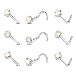 ZeSen 9-12 Pieces, Nose Piercing Stud, 316L Stainless Steel, Nose Piercing Rings, Nose Bone, 20 Gauge Nose Piercing Ring Set., Stainless Steel, White