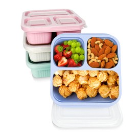 RFSLDUN 3 Compartment Snack Containers, 4 Pack Reusable Wheat Bento Snack Boxes, Stackable Divided Food Meal Prep Containers for Work, Travel (Green/Blue/PK/Beige, 3 Compartments)