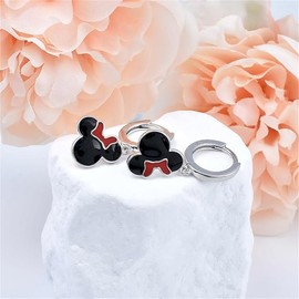 Sterling Silver Black Mouse Hoop Earrings for Women Cute Delicate Red Bow Mouse Dangle Huggie Earrings Hypoallergenic Lucky Princess Animal Jewelry for Daughter Birthday Gifts