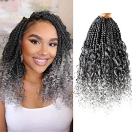 Boho Crochet Braids with Curly Ends 12 Inch Goddess Braids Crochet Hair Pre Looped 3X Boho Box Crochet Braids for Black Women Crochet Boho Box Braids Ombre TGray