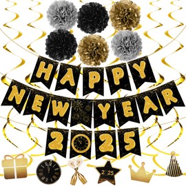 TaoBary Happy New Year 2025 Banner Gold Black Paper Flowers Flag Bunting Swirl Streamers New Years Eve Party Supplies Happy New Year Decorations