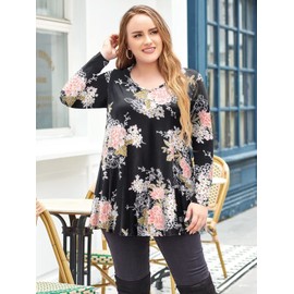 LARACE Plus Size Floral Tops for Women Long Sleeve Tunic V Neck Flower Shirts Loose Fit Clothing for Leggings(A-Black05 2X)