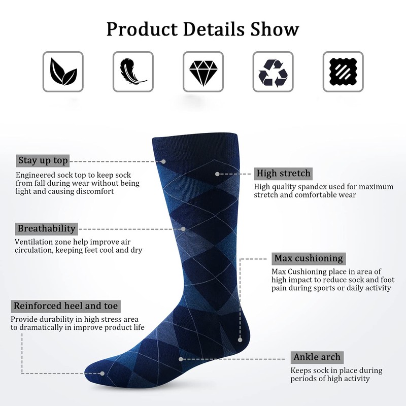 Yousu Mens Dress Socks Business Casual Solid Pattern Cotton Crew