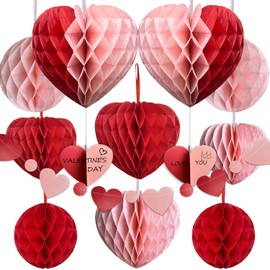 iewrtcin Valentines Decorations, 12 pcs Red Paper Honeycomb, Anniversary Decoration Kit, Pink and Red Hanging Heart Decoration, Paper Heart Décor for Wedding Valentines Anniversary Party Decors