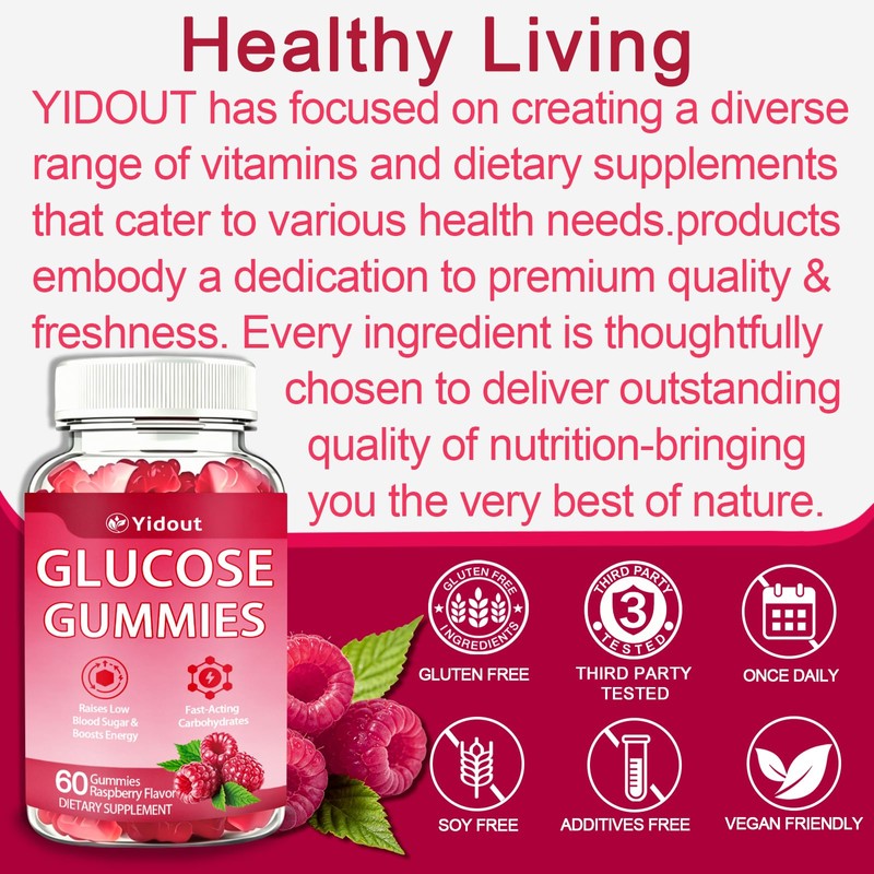 Glucose Gummies Raspberry Flavor, Quick Energy Fuel Support for Active
