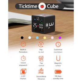 Ticktime Cube Pomodoro Timer, Productivity Timer, Pause & Resume, Mute, Vibration & Adjustable Sound Alert, for Task, Work, ADHD, ADD, Meeting, 1/3/5/10/15/25/45/60min & Custom Countdown - Black