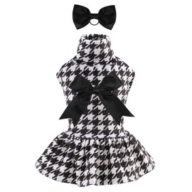 CuteBone Houndstooth CVD04S-DE Velvet Turtleneck Jumper Puppy Skirt Costume Pet Outfit Cat Clothes with Bow Hair Rope Birthday Gift