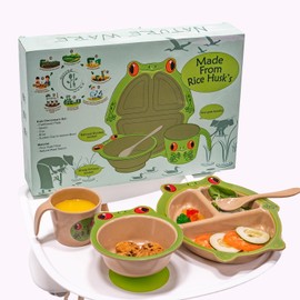 Refresh-A-Baby Rice Husk Eco-Friendly Feeding Set for Children 4 Pcs – Includes Divided Plate, Suction Bowl, Spoon, Cup, BPA Free, Dishwasher Safe, (Frog)