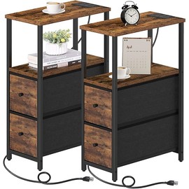 TUTOTAK Small Narrow End Table with Charging Station, Set of 2, Side Table with Outlets, Nightstand with 2 Cloth Drawers, Couch Table, for Living Room, Bedroom, Bedside, Brown TB01BB055