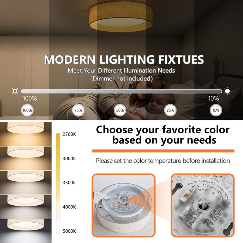 Bargeni Linen Flush Mount Ceiling Light, Dimmable LED Fabric Drum