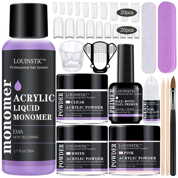 Acrylic Nail Kit for Beginners - Acrylic Powder and Liquid Set with Primer Nail Tips Glue Acrylic Brush Complete Starter Nails Kit Acrylic Set with Everything Professional Acrylic Nail Powder