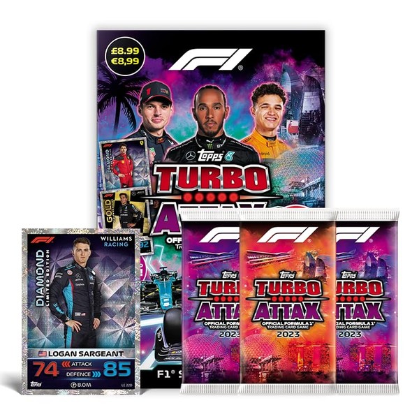 Topps Turbo Attax Formula 1 2023, Trading Cards - Starter Pack Bundle (contains a Starter Pack, an Eco Packet Bundle plus a Logan Sargeant Diamond LE).