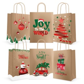 Easykart Labels 24 Christmas Kraft Gift Bags With Red Foiling for Holiday, Goody Bags, Xmas, Classrooms and Party Favors (9 x 7.3 x 3.3)