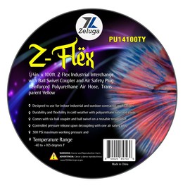 Zeluga Z-Flex Industrial Interchange with Ball Coupler and Air Safety Plug Reinforced Polyurethane Air Hose 300 PSI (Transparent Yellow, 1/4in. x 100ft.)
