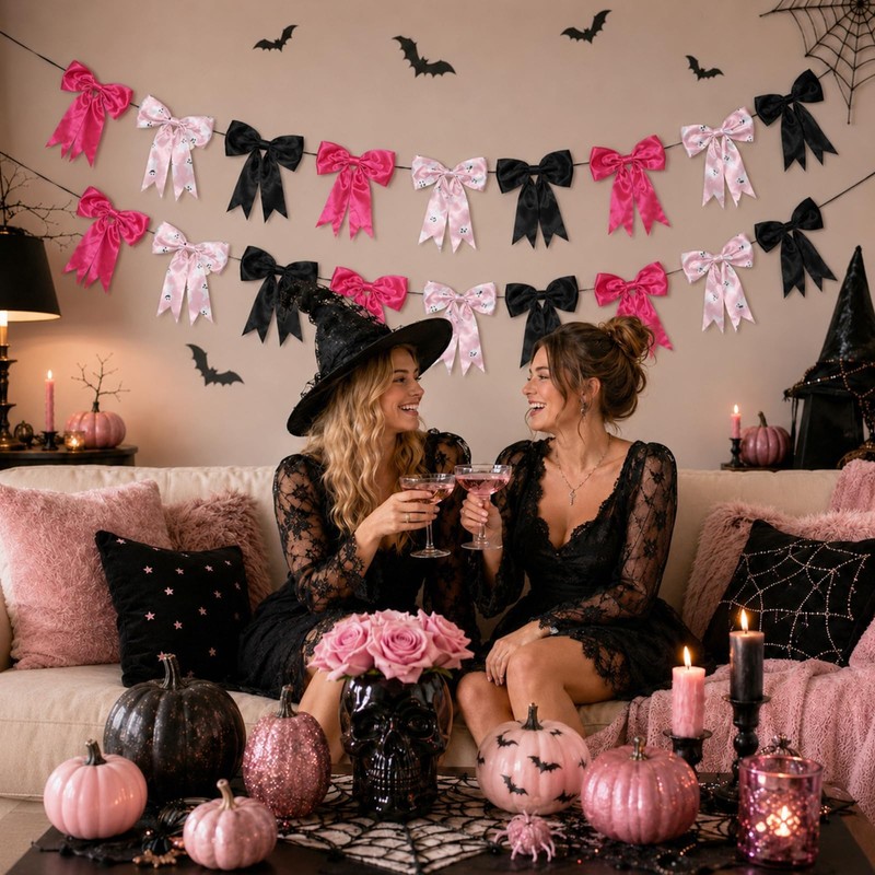 2 Strings Halloween Bow Garland 9.8Ft Pink Black Fabric Bow