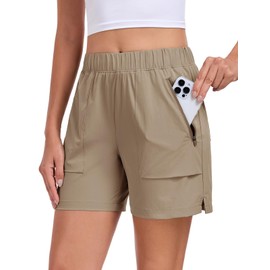 Nomolen Womens Quick Dry Hiking Shorts, Lightweight Athletic 5 inch Shorts for Women Cargo Shorts with Zipper Pockets, Dark Khaki, Small