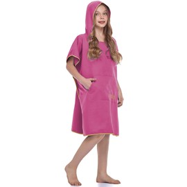 FLYILY Beach Changing Towel Quick-Dry Surf Poncho Robe with Pocket Hooded Wetsuit Adjustable Sleeves Surfing Swimming Bathing(Rosered,S)