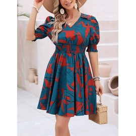 Kormei Women's Floral Print V Neck Dress Short Puff Sleeve Smocked Waist Ruffle Hem Flare Short Dress S Navy/Red