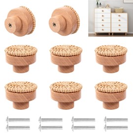 Vueinrg Pack of 8 Rattan Cabinet Handles Wood 40 x 30 mm Furniture Knobs Wood Boho Decorative Wooden Knob Furniture Handle Wood with Screws for Furniture Cupboards Drawers