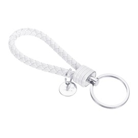 PATIKIL Braided Leather Keychain with Stainless Steel Key Ring Sleeve, PU Woven Wristlet Lanyard Strap Fob Keyring Holder for Car Bag Wallet Pendant, White