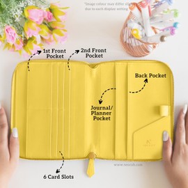 NEORAH — B6 Notebook SLEEVE with Compendium + Dotgrid JOURNAL | Faux Leather Sleeve + Penloop | 2 Front 1 Back compartment | 6 Card Slots –YELLOW
