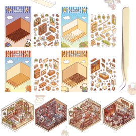 Katyjun 4 Sets 3D Sticker Scene, DIY Sticker Room with Tweezers for Relief Stress Pass The Time
