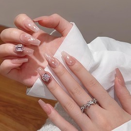 Pure Handmade Nails Press on Nail Reusable Fake Nails AuroraRhinestones Bling Bling Medium Stick on Nails French Tip False Nails 10pcs (M, Q294)