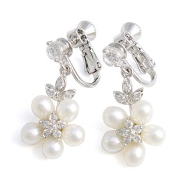 VingTAINE E2-34 Stone x Freshwater Pearl Flower Earrings, Cubic Zirconia, Cubic Zirconia Brass, Cubic Zirconia Pearl