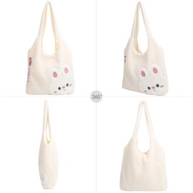 MEGAUK Women Faux Fur Tote Bag Girls Cute Bear Fluffy Shoulder Bag Plush Bag For Shopping Dating (Fluffy white)