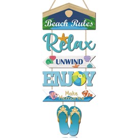 TOARTi 6PCS Wooden Beach Hanging Sign Coastal Themed Wood Plaque Beach Rules Wall Sign Coastal Wall Decor for Bathroom Home Relax Unwind Enjoy Seaside Hanging Plaque