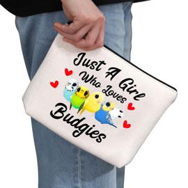 Budgie Lover Gift Loves Budgies Makeup Bag Budgie Mom Cosmetic Bag Parakeet Pet Bird Lover Gift for Budgerigar Girls Women (Loves Budgies White)