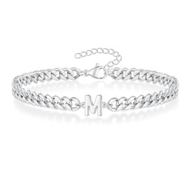 Angelra Silver Initial Cuban Link Chain Bracelets for Men Christmas Gifts - Meaningful Letter Bracelet for Women, Unique Father's Day Gifts for Husband Dad Grandpa Brother Friend (M)