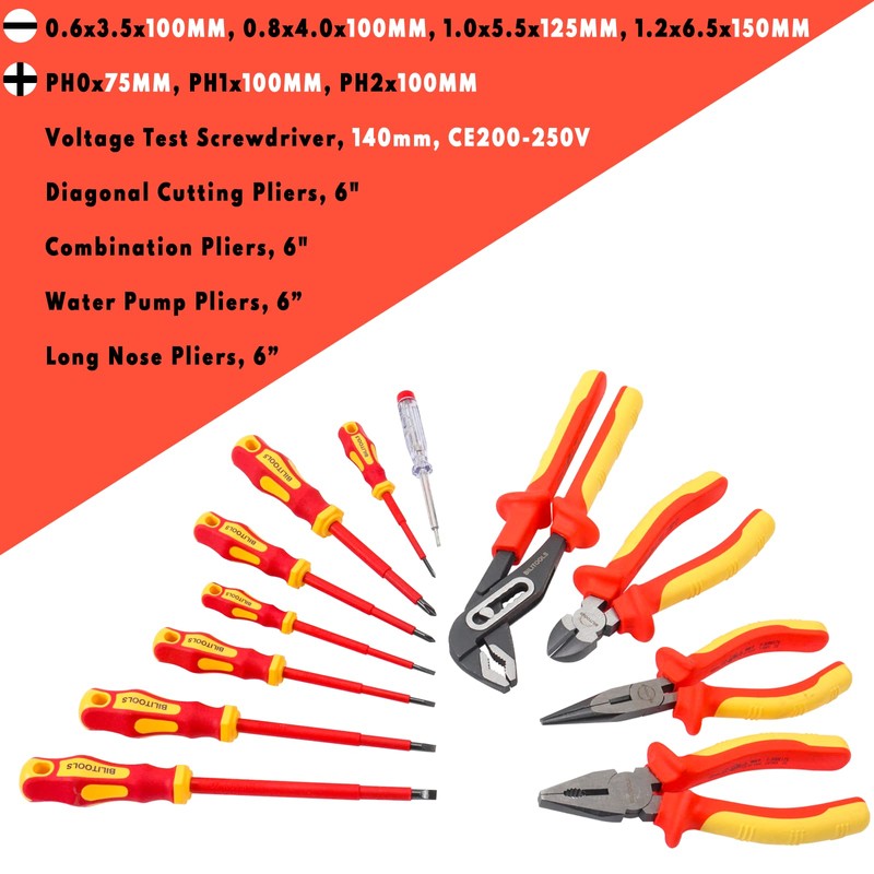 BILITOOLS Insulated Screwdriver & Pliers Set, 1000V Electrical Tools for