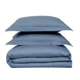 Feather & Stitch Queen Size Duvet Cover Set, 500 Thread Count Damask Stripe 3 Piece Full Size Duvet Insert Cover Set, 100% Pure Cotton Comforter Cover, 2 Pillow Shams, Zipper Closure - Blue