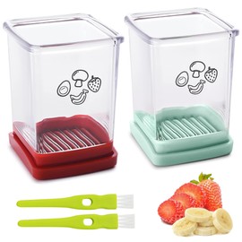 2 Pcs Cup Slicer, Stainless Steel Strawberry Slicer Egg Slicer Banana Slicer Fruit Slicer, Speed Fruit Cutter with Push Plate, Quickly Making Fruit Vegetable Salad, Must Have Kitchen Gadget (Cyan+Red)