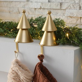 MorningRo 2 PCS Gold Metal Christmas Tree Stocking Hanger Neutral Metal Stocking Holder for Fireplace Mantle for Fireplace Christmas Decorations Indoor Holiday Decor