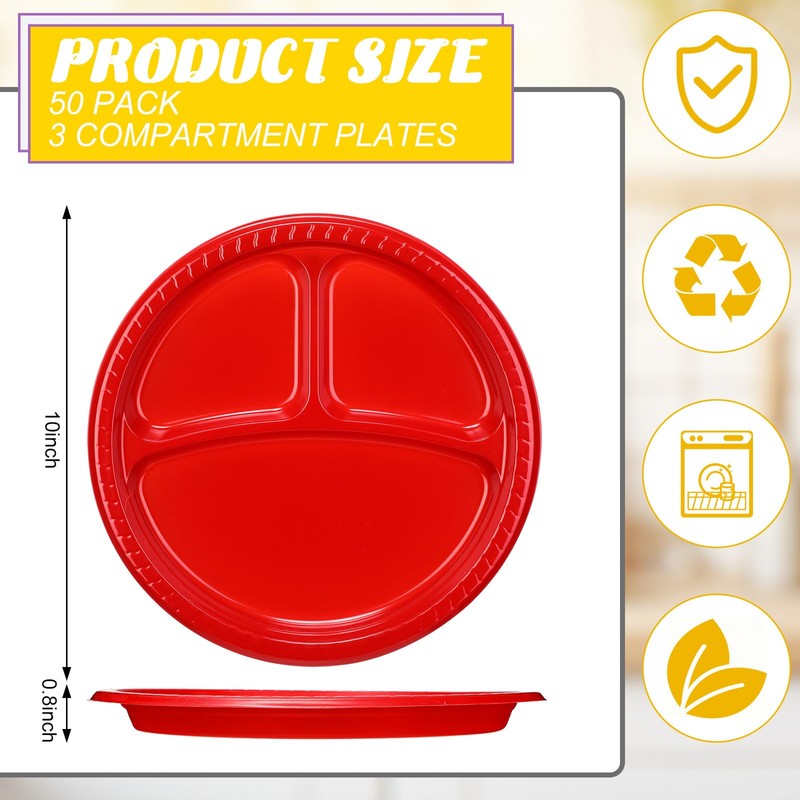 Teenyyou 50 Pcs 10 Inch Plastic 3 Compartment Divided Plates