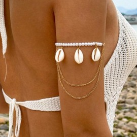 Arm Cuff Shell Bracelet Adjustable Upper Arm Cuff Bangle Gold Jewelry Gifts for Women Boho Summer Beach Vacation Essentials