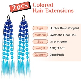 2Pcs Colored Hair Extensions for Kids, Lightweight Rainbow Bubble Ponytail Extension with Hair Tie, Crazy Hair Accessories for Women for Festival Rave (Dark Blue to Light Blue, 23 Inch)